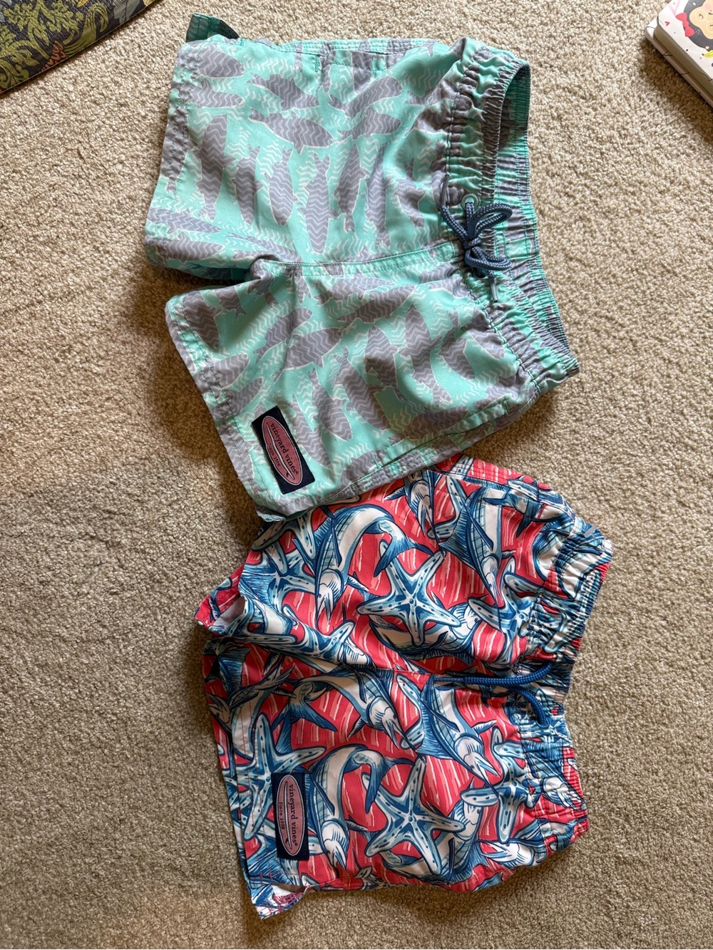 Vineyard Vines Kids Two-Pack Swim Shorts in Mint and Red Starfish Print